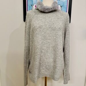 QI Cashmere Sweater Real Rabbit Fur Trim Cowl Neck Light Gray Women's Large